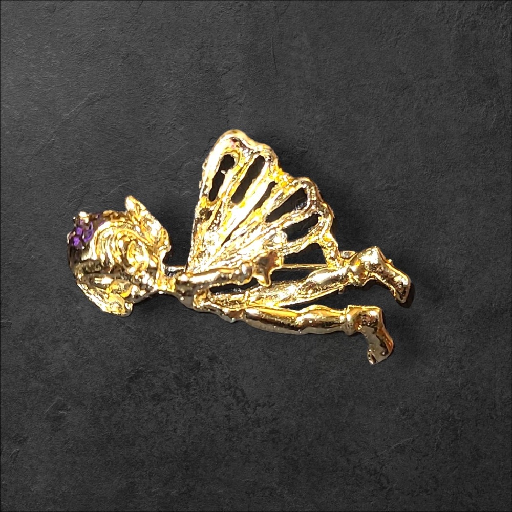 Vintage Gold Tone Fairy‎ Brooch Flying Pixie Angel Fantasy Figural Pin